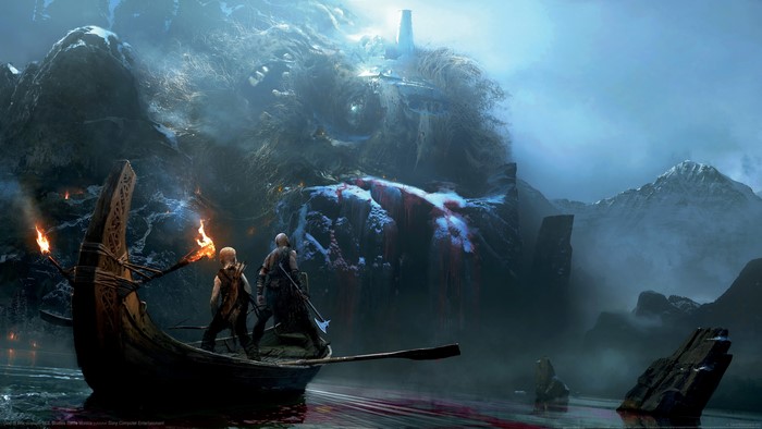 Kratos and Atreus from God of War in a boat