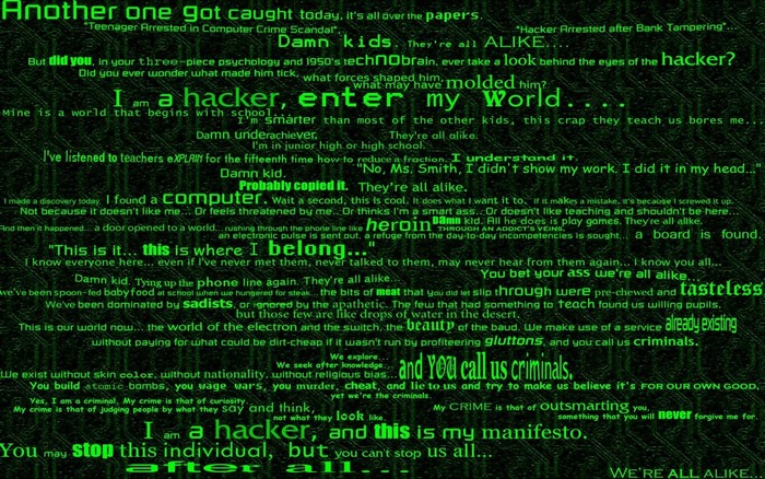 Hacker manifesto on a green matrix background