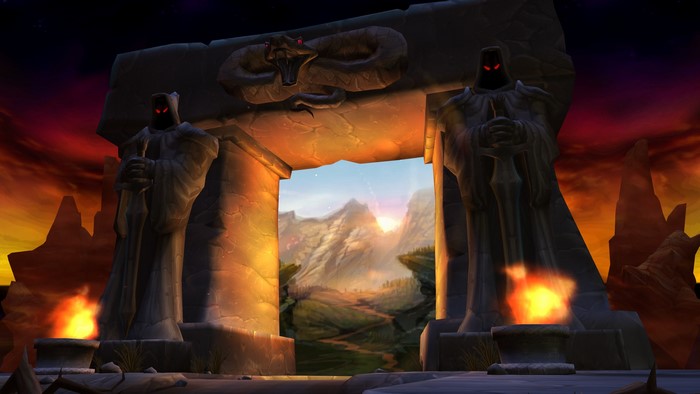 World of Warcraft stone archway with statues and sunset
