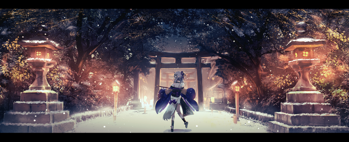 Girl in Japanese clothes at a snowy shrine at night