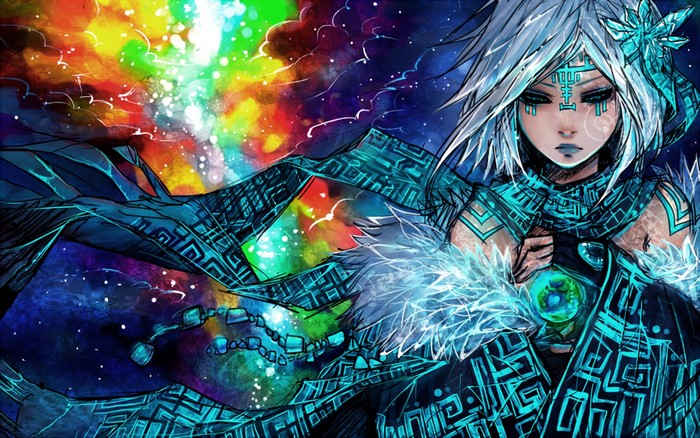 Fantasy girl with white hair and blue markings in colorful space