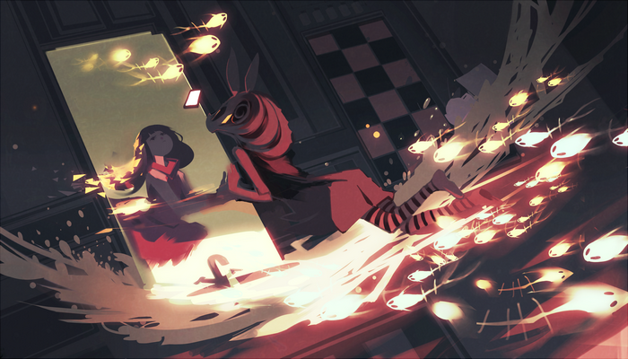 Girl and masked figure in a surreal, fish-filled environment