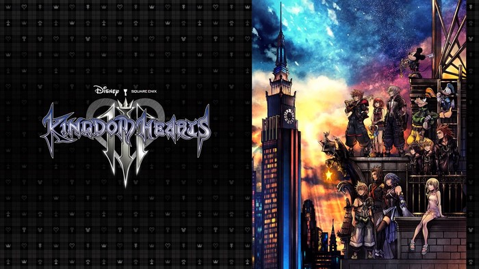 Kingdom Hearts Characters on Rooftop with Cityscape