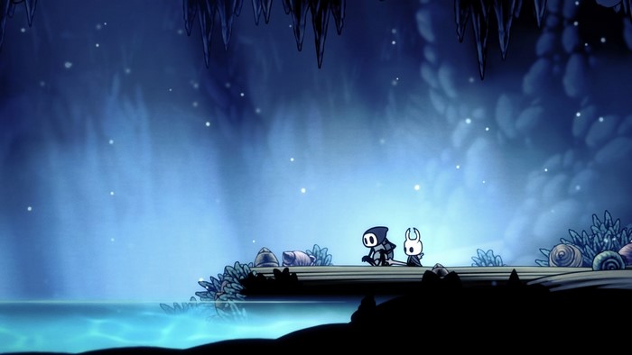 Hollow Knight characters on a platform near water