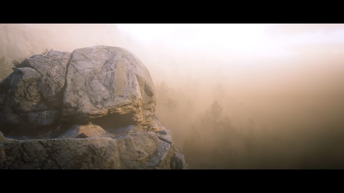 Rock formation in foggy Red Dead Redemption 2 landscape