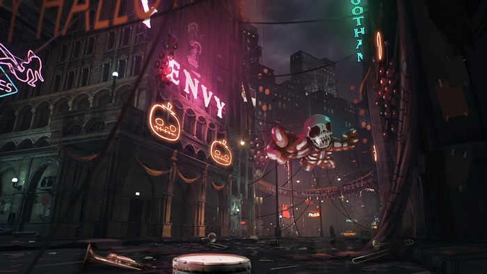 Halloween decorations in Gotham City from Batman: Arkham Knight