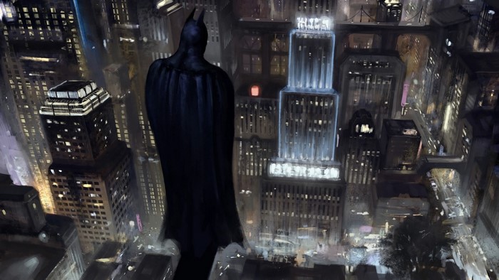 Batman from Batman: Arkham Knight overlooking a city