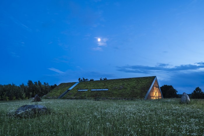 Modern architecture with green roof at dusk