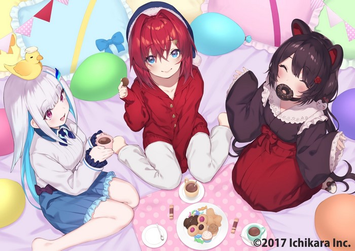 Three anime girls having a tea party