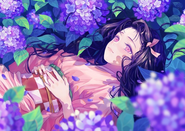 Kamado Nezuko from Kimetsu no Yaiba lying in hydrangeas