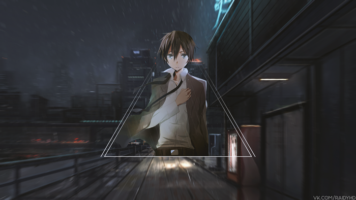Anime boy in a suit on a rainy city street