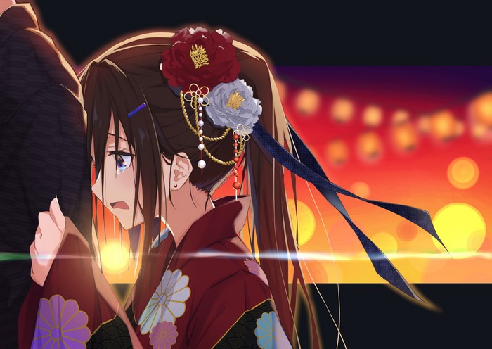Anime girl in kimono crying at night