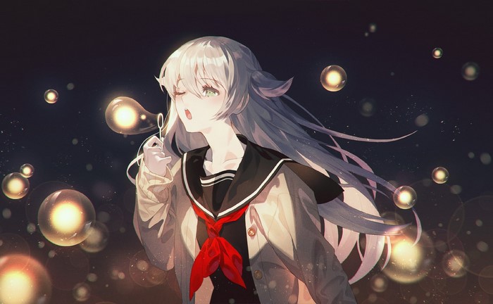 Anime girl with white hair blowing bubbles