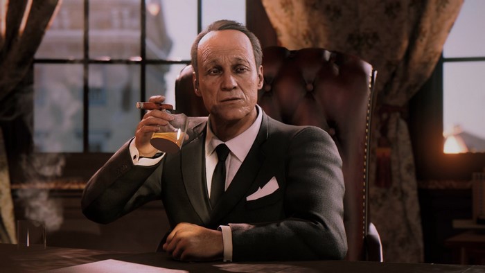 Man from Mafia III holding a cigar and whiskey