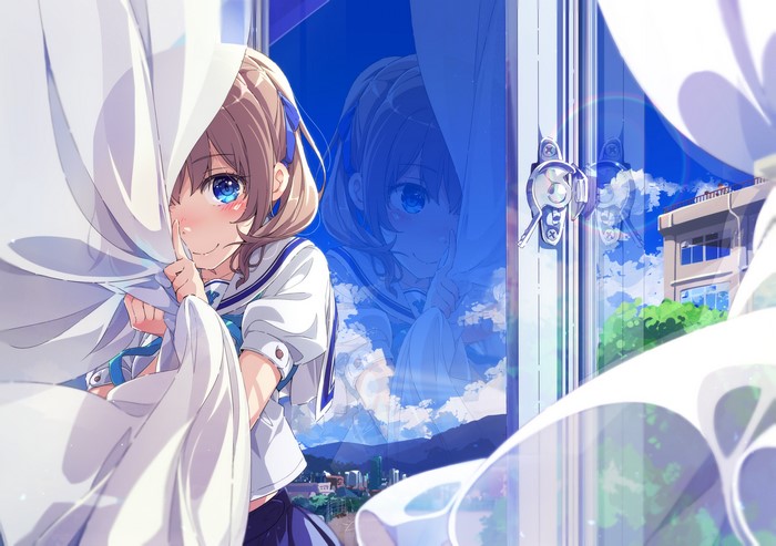 Anime girl in school uniform hiding behind curtain