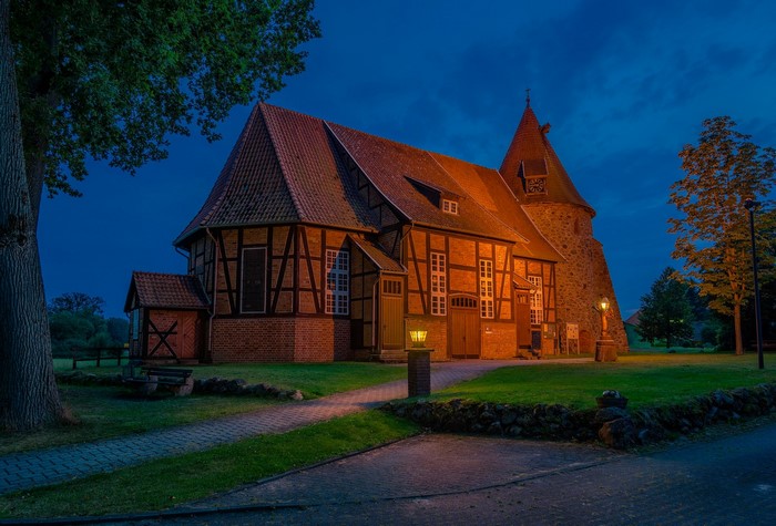 Timber-framed church at night in Germany