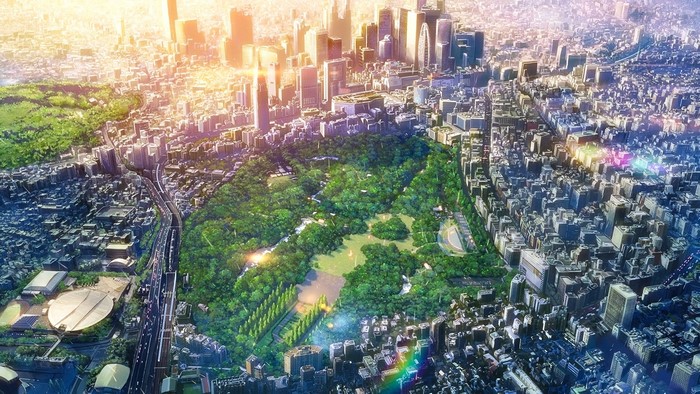 Anime city park with skyscrapers and highway