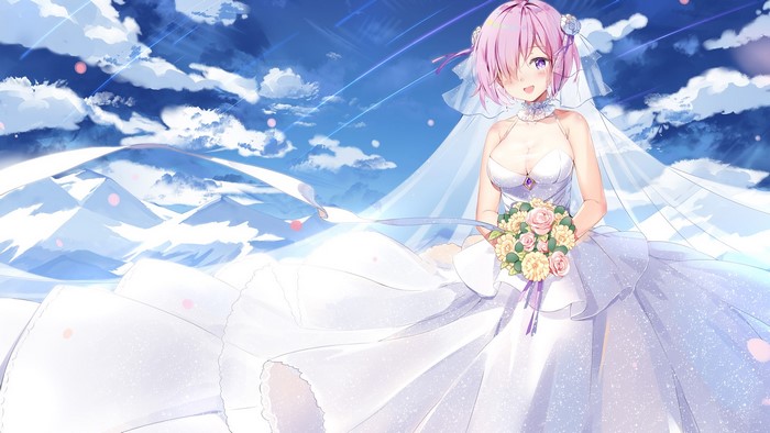 Anime bride with pink hair holding a bouquet
