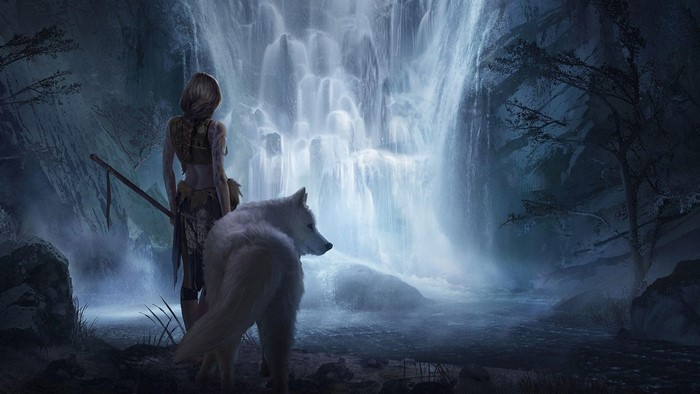 Fantasy girl with wolf by a waterfall