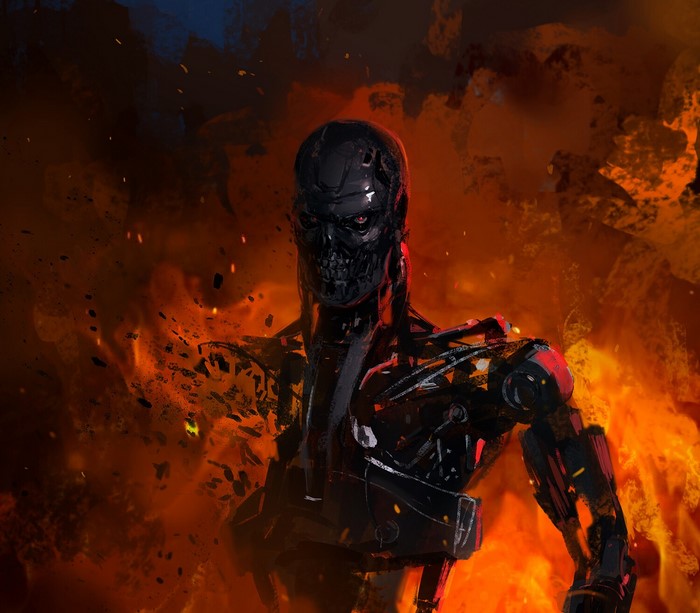 Terminator artwork with T-800 in fire