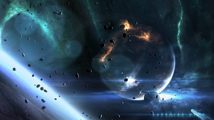 Space scene with planets and asteroids