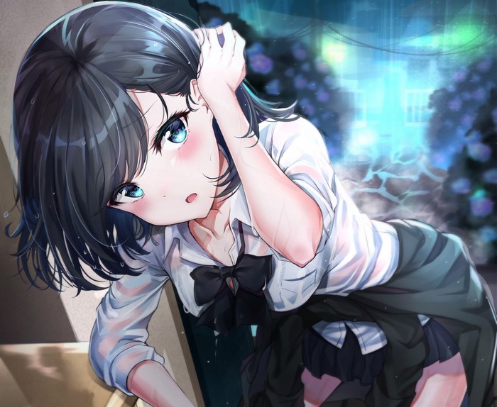 short hair Sunhyun wet blue eyes blush bow