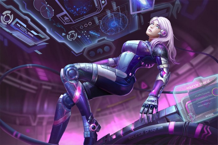 Cyborg woman in futuristic armor surrounded by holographic displays