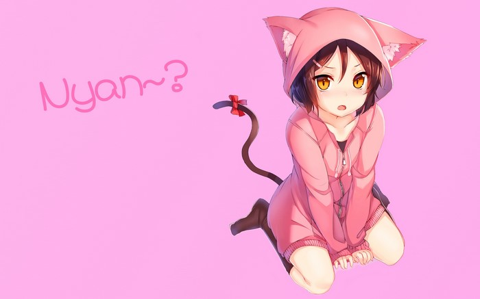 Anime girl with cat ears and tail on pink background