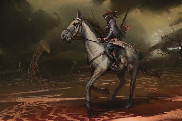 Fantasy warrior on horseback with bow and arrow