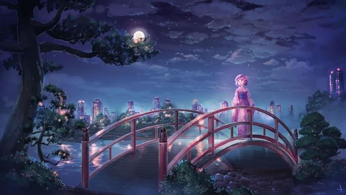 Anime girl in kimono on a bridge at night with city skyline