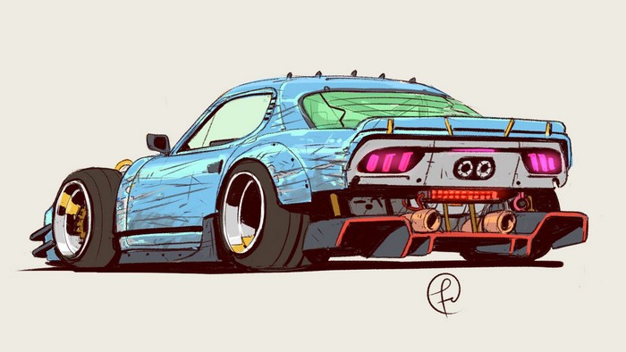 Blue Mazda RX-7 FD Cartoon Artwork