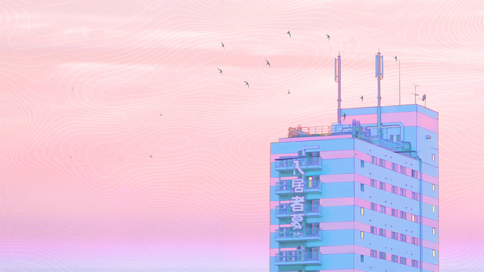 Building with Japanese characters and birds in pink sky