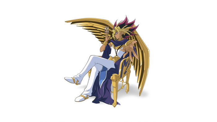 Yami Yugi from Yu-Gi-Oh! sitting on a throne