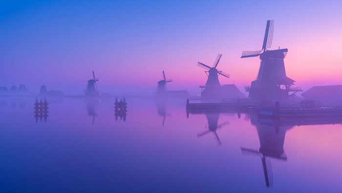 Windmills in the mist at sunrise