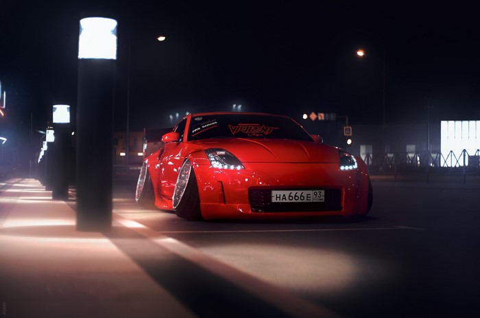Red Nissan 350Z at Night
