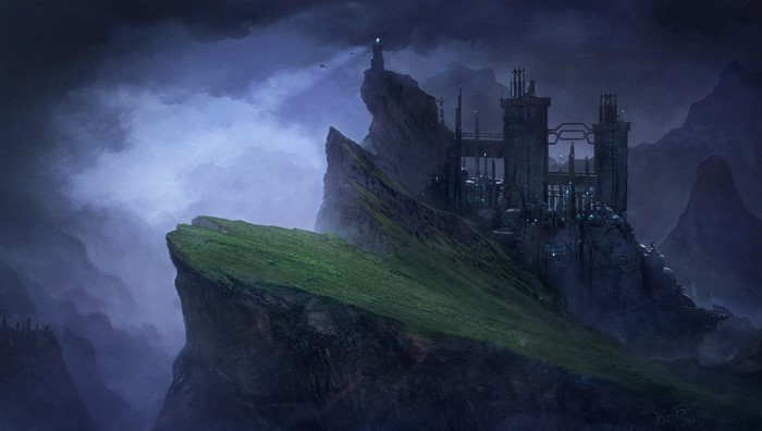 Fantasy castle on a rocky mountain peak