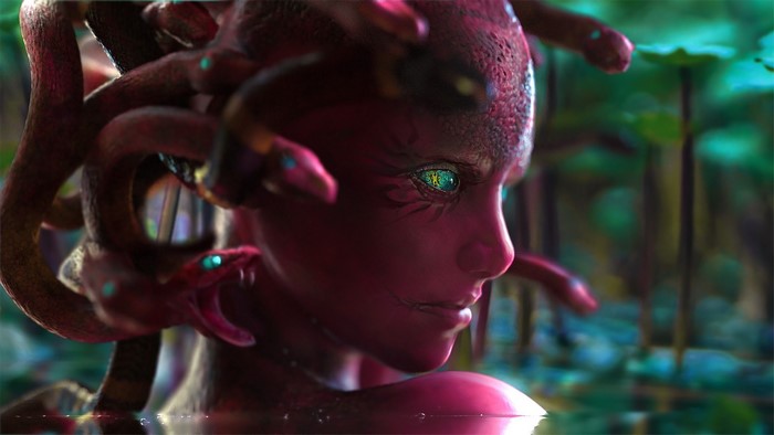 Medusa with snakes in a swamp