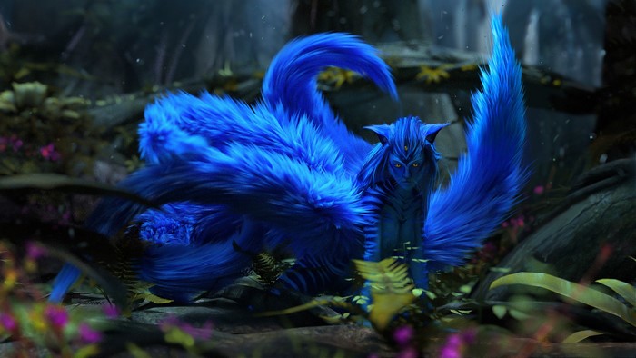 Blue creature with multiple tails in a forest