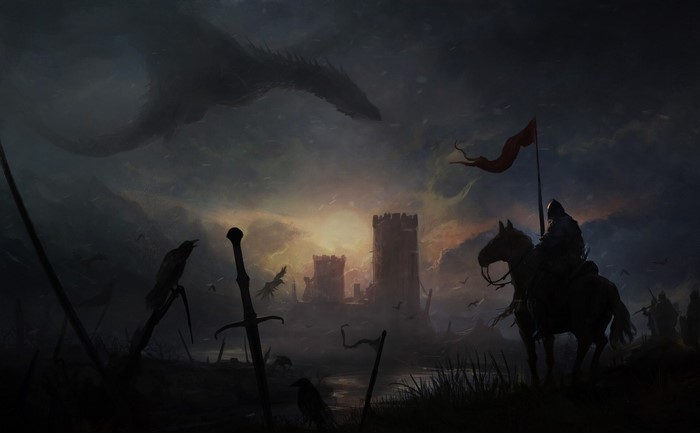Dark fantasy art with dragon, knight, and castle