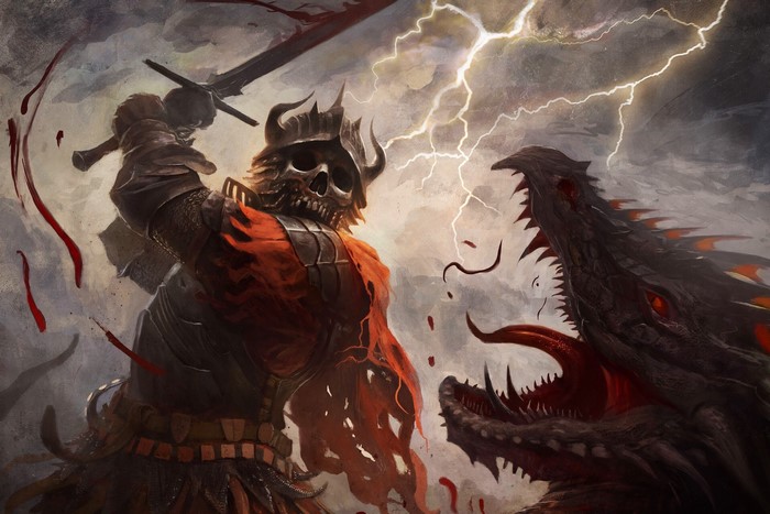 Skeleton warrior fighting a dragon with a sword