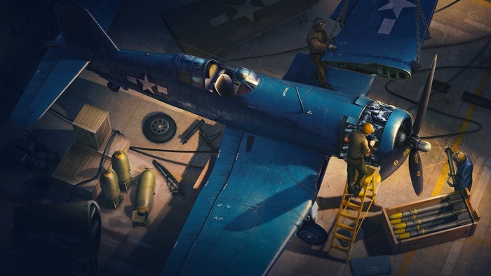 Mechanics working on a blue military aircraft in a hangar