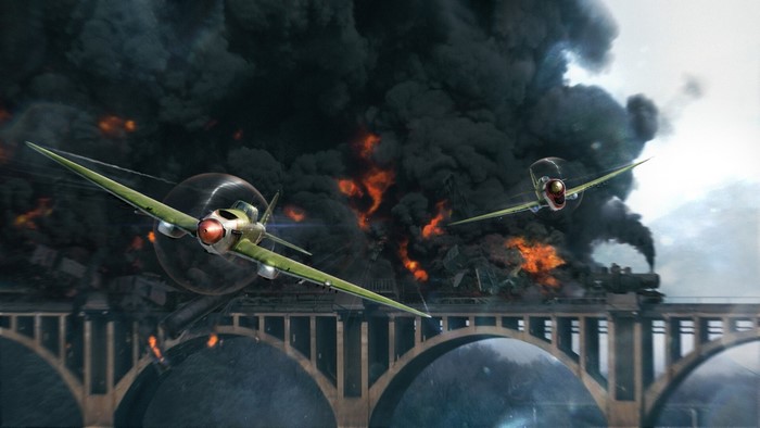 World War II aircraft attacking a burning train on a bridge