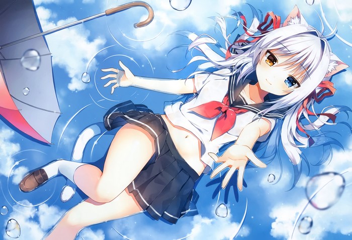 Cat girl in school uniform with umbrella in sky