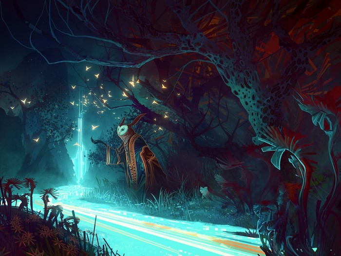 Fantasy art of an owl wizard in a magical forest