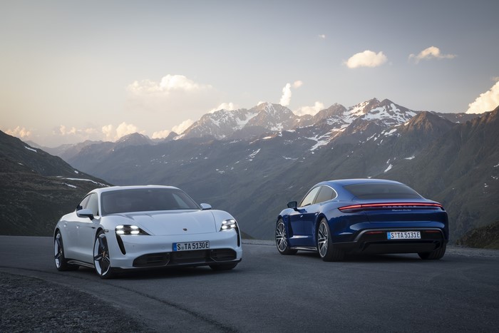 4K Porsche Taycan electric cars in mountains