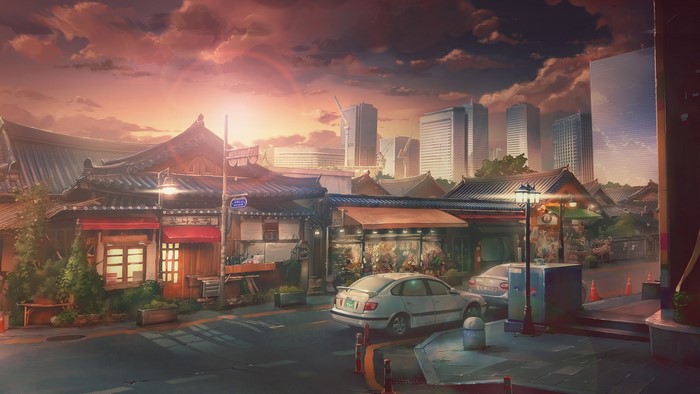 Anime cityscape with traditional Korean houses and modern skyscrapers at sunset