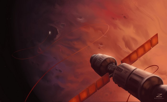 Astronaut near a space station with a red planet background