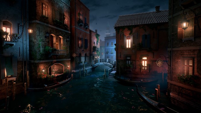 Venice canal at night with gondolas and buildings