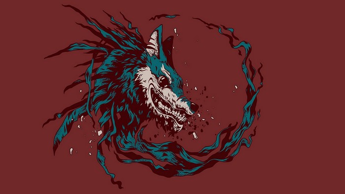 Stylized wolf artwork with dark teal and red colors