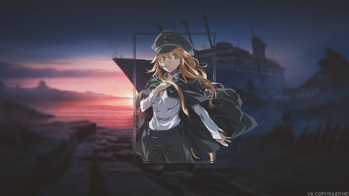 Anime girl in military uniform with ship background